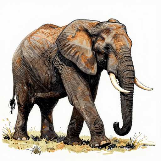 This detailed illustration depicts a majestic elephant standing on a patch of grass. The elephant's skin is rendered in a rich palette of grays, browns, and blacks, with intricate lines and textures that add depth and realism to the drawing. The creature's large, floppy ears are prominently featured, with the right ear displaying a striking pattern of orange and white hues. The elephant's eyes are dark and expressive, and its trunk is curled downward, adding a touch of elegance to its posture. Two impressive white tusks protrude from its mouth, emphasizing its grandeur. The elephant's tail is visible, with a tuft of hair at the end, and its feet are firmly planted on the ground. The grass beneath the elephant is a mix of green and brown, with some areas appearing dry and sparse, suggesting a natural, untamed environment. The overall composition captures the essence of the elephant's strength and grace, set against a simple yet effective backdrop.