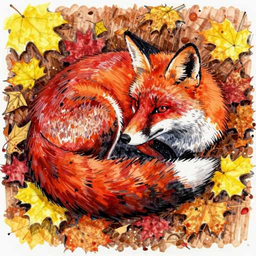 This detailed illustration depicts a fox curled up in a ball amidst a vibrant bed of autumn leaves. The fox's fur is a striking mix of orange, red, and white, with a distinctive white patch on its chest and a black nose. Its eyes are a vivid orange, and its ears are perked up, adding to its alert appearance. The fox's bushy tail is wrapped around its body, with the tip appearing white. Surrounding the fox are an array of colorful autumn leaves in shades of yellow, orange, red, and brown, creating a rich tapestry of fall hues. The background is a blend of these autumnal colors, enhancing the seasonal atmosphere. The fox's head is turned to the left, and its body faces the right, giving it a contemplative pose. The overall composition is a harmonious blend of the fox's natural colors and the warm tones of the fall foliage, capturing the essence of autumn.