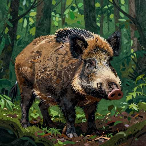 This detailed illustration depicts a wild boar standing in a lush, green forest. The boar, with its distinctive features, is the central focus of the image. Its fur is a mix of brown, black, and white, with a prominent black mane around its neck. The boar's snout is pink with black spots, and its eyes are a deep brown. Its legs are black, and it has a black tail with a white tip. The forest background is filled with various shades of green, from light to dark, representing the dense foliage and tree trunks. The ground beneath the boar is a mix of brown dirt, green grass, and scattered leaves, adding to the natural setting. The boar appears to be gazing slightly to the right, giving it a contemplative look. The overall style of the illustration is detailed and realistic, capturing the essence of the wild boar and its forest habitat.
