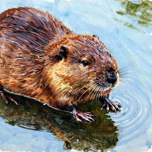 This detailed watercolor painting depicts a brown beaver swimming in a serene body of water. The beaver, with its head turned to the right, showcases a mix of brown, black, and white fur, with a lighter brown chest and a darker brown back. Its black eyes, small ears, and black nose are clearly visible, along with its white whiskers and a hint of a red tongue. The beaver's front paws, which are dark brown with white claws, are extended forward as it swims. The water around the beaver is a light blue, with ripples emanating from its movement, and a greenish reflection of the beaver can be seen beneath it. In the top right corner of the painting, there are greenish-brown streaks, possibly representing foliage or reflections. The overall scene is tranquil, with the beaver appearing calm and at ease in its aquatic environment.