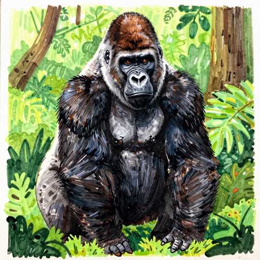 This detailed illustration depicts a gorilla seated in a lush, jungle-like environment. The gorilla, with its striking black fur interspersed with brown patches, has a distinctive brown head and piercing brown eyes. Its face is marked by a prominent nose and a closed mouth, giving it a contemplative expression. The gorilla's chest is a lighter gray, contrasting with its darker fur. It sits on its haunches with its arms resting on the ground, and its feet are positioned in front of it. The background is a vibrant tapestry of various shades of green, representing an array of plants and foliage. A large tree trunk stands to the right, while a smaller tree trunk is visible to the left. The gorilla's body is oriented towards the viewer, but its gaze is directed slightly to the right, adding a sense of depth and intrigue to the scene.
