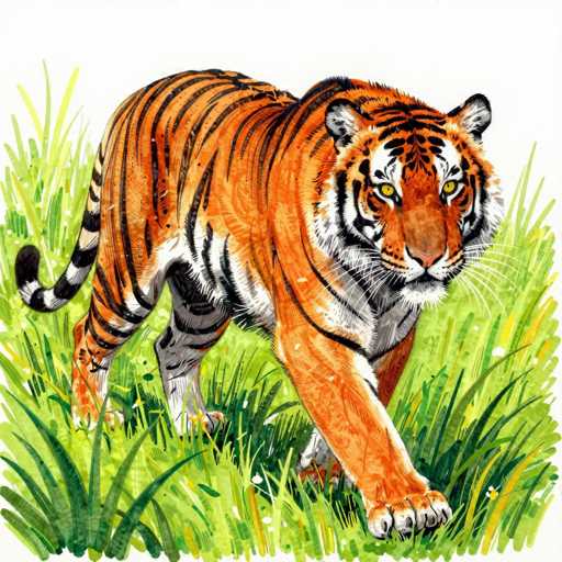 This detailed watercolor painting depicts a majestic tiger standing in a lush grassy field. The tiger, with its vibrant orange fur adorned with striking black stripes, is captured in a moment of poised movement, as if it is about to take a step forward. Its piercing yellow eyes and long white whiskers add a touch of realism to the artwork. The tiger's tail, featuring alternating black and white stripes, is elegantly curled behind it. The grassy field beneath the tiger is a mix of green and yellow hues, with some blades appearing darker, adding depth and texture to the scene. The background is a stark white, which contrasts beautifully with the vivid colors of the tiger and the grass, making the subject stand out prominently.