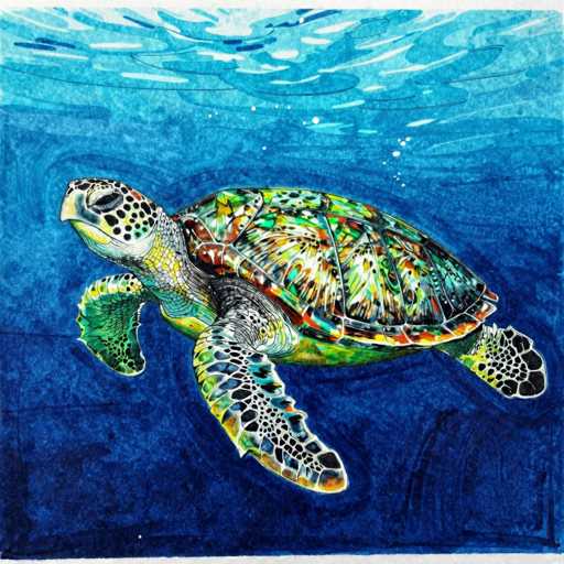 This vibrant painting depicts a sea turtle swimming gracefully in the ocean. The turtle's shell is adorned with a stunning mosaic of colors, including shades of green, yellow, red, orange, blue, and black, creating a mesmerizing, almost stained-glass effect. The turtle's head is predominantly white, speckled with black spots, and features a distinctive black eye. Its flippers are a striking green, also marked with black spots, while the underside of its body is a lighter shade of green. The background transitions from a deep blue at the bottom to a lighter blue at the top, capturing the essence of the ocean's depths and surface. The turtle appears to be swimming towards the left side of the image, with its head slightly raised, giving the impression of gentle movement through the water. The overall composition is both dynamic and serene, highlighting the beauty of marine life.