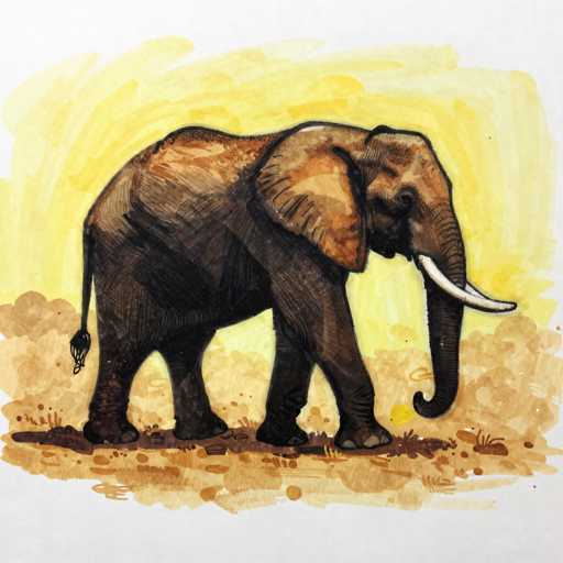 This image is a detailed watercolor painting of an elephant, likely a white elephant, depicted in a side profile facing right. The elephant's body is predominantly dark brown with lighter brown patches, particularly on its back and ears. It has two prominent white tusks and a trunk that curls down to the ground, with its mouth slightly open. The elephant's eyes are black, and its tail, which ends in a tuft of hair, is visible. The ground beneath the elephant is a mix of brown and tan hues, resembling dirt or sand, with some sparse vegetation. The background features a bright yellow sky, suggesting a sunrise or sunset, which contrasts with the grayish-white border at the top and bottom of the image. The overall scene is set against a backdrop that transitions from the earthy tones of the ground to the vibrant yellow sky, creating a striking and serene composition.