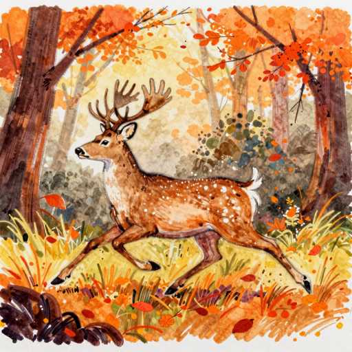 A majestic deer, with a full rack of antlers, bounds through an autumnal forest. Warm orange and red hues dominate the scene, with vibrant brushstrokes creating a textured, painterly style. The deer is centrally positioned, leaping with dynamic energy, while the background features a soft, blurred forest with dappled light. The overall composition emphasizes movement and the beauty of the fall season.