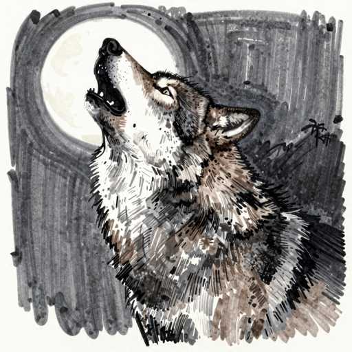 This detailed illustration depicts a wolf howling at the moon. The wolf, positioned in the bottom right corner, is shown in profile with its head tilted upwards towards the top left corner. Its mouth is open, revealing sharp teeth, and its eyes are wide open, giving it a fierce expression. The wolf's fur is a mix of brown, black, and white, with a predominantly white face and a black nose. The background features a large, circular moon in the top left corner, rendered in white with a gray outline. The rest of the background is filled with various shades of gray, creating a stark contrast with the wolf. The entire image is framed by a white border, enhancing the focus on the central figure. The illustration appears to be created using colored pencils or a similar medium, with visible lines and textures adding depth to the artwork.
