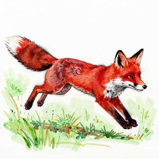 A vibrant watercolor illustration of a red fox in mid-leap, captured in motion. The fox is depicted with a rich, warm red coat, contrasting with its white chest and fluffy tail. Its eyes are bright orange, and its pointed ears are alert. The background is a soft wash of green, suggesting lush grass, with some darker brown details indicating fallen branches. The overall style is loose and expressive, characteristic of watercolor painting, with visible brushstrokes adding texture to the fur. The fox's body is angled dynamically, conveying a sense of speed and agility.