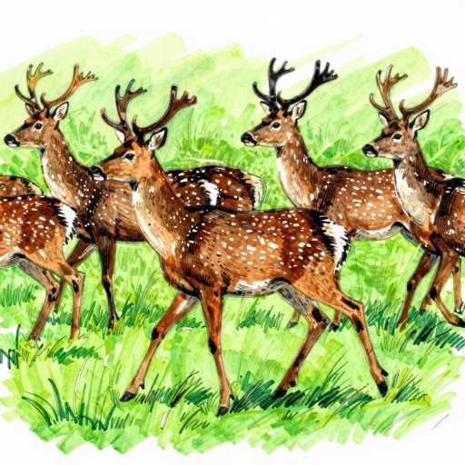 This detailed watercolor painting depicts a serene scene of six deer standing in a lush, green grassy field. The deer, characterized by their brown coats adorned with white spots and distinctive white tails, are all facing to the left, seemingly gazing into the distance. Their antlers, which vary in size, add to the natural beauty of the composition. The background features a subtle gradient of light green, enhancing the tranquil atmosphere. The painting's edges are slightly rough, giving it a charming, hand-drawn quality. The overall effect is a harmonious and peaceful portrayal of wildlife in their natural habitat.