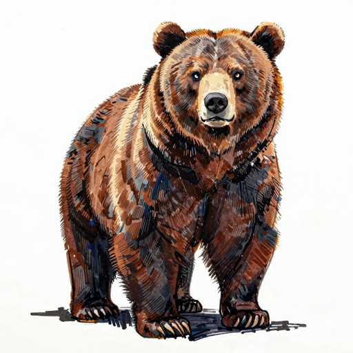 This image features a detailed painting of a brown bear, prominently centered against a stark white background. The bear's fur is a rich tapestry of colors, including shades of brown, black, gray, and tan, with a lighter tan around its muzzle and nose. The bear's eyes are a striking blue, and it has a black nose and claws. The bear is depicted standing on all fours, with its head slightly tilted to the right, gazing directly at the viewer. The painting style is somewhat abstract, with visible brush strokes that add texture to the bear's fur. The bear's shadow is subtly rendered in black, enhancing the depth of the image. The overall composition is simple yet captivating, with no additional elements or text to distract from the bear's presence.