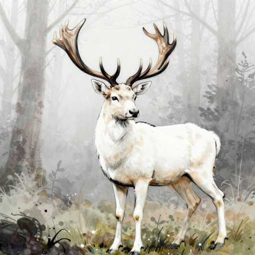 This image is a detailed, colored drawing of a majestic white buck with large, impressive antlers. The buck, which has a few brown spots on its fur, stands prominently in the center of the image, looking back over its shoulder with a calm, almost serene expression. Its eyes are black, and its nose is black with a touch of white on the tip. The background is a misty, foggy forest with tall, leafless trees and some green grass and plants at the bottom. The overall scene is rendered in shades of gray, brown, and green, creating a serene and somewhat mysterious atmosphere. The buck appears to be standing still, as if posing for the artist, with its powerful antlers and graceful stance drawing the viewer's attention.
