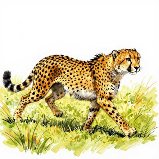 This detailed watercolor painting depicts a cheetah in mid-stride, gracefully moving through a grassy field. The cheetah's body is predominantly a vibrant yellow, adorned with numerous black spots that extend from its head down to its tail. The tail itself features distinctive black and white stripes, with a black tip. The cheetah's underbelly and the area beneath its neck are painted in a contrasting white, adding depth to the creature's appearance. The cheetah's face is marked by a black stripe that runs from its nose to its mouth, complemented by a white muzzle. Its eyes are a striking yellow, and its ears are a mix of white and black. The grassy field beneath the cheetah is rendered in various shades of green, with some blades highlighted in yellow, creating a dynamic and lively backdrop. The cheetah's front paws are lifted off the ground, capturing the essence of its swift movement. The background of the painting is left white, allowing the cheetah and the grass to stand out prominently.