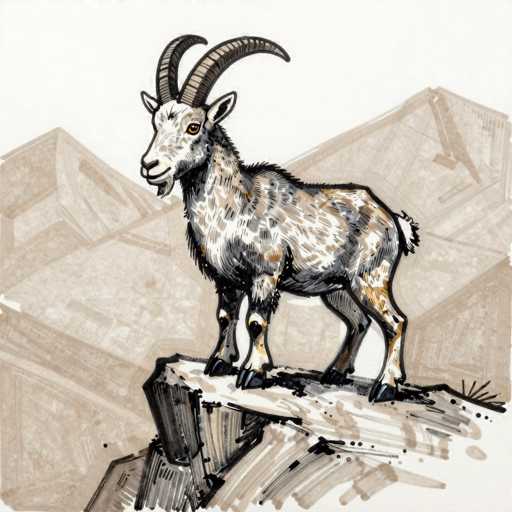 This detailed illustration depicts a majestic mountain goat standing on a rocky ledge, with its hooves firmly planted on the uneven surface. The goat's body is adorned with a striking mix of black, white, and brown spots, creating a unique and captivating pattern. Its head is predominantly white, featuring a prominent black nose and expressive brown eyes that seem to gaze directly at the viewer. The goat's impressive curved horns, which are black with brown stripes, add to its regal appearance. The background showcases a series of light brown, triangular shapes that resemble pyramids, adding an intriguing element to the scene. The overall composition is rendered in a blend of watercolor and ink, with the goat's body primarily colored in black and brown, while the rocky ledge beneath it is depicted in shades of gray and black. The illustration is set against a clean white background, allowing the intricate details and vibrant colors of the goat and its surroundings to stand out beautifully.
