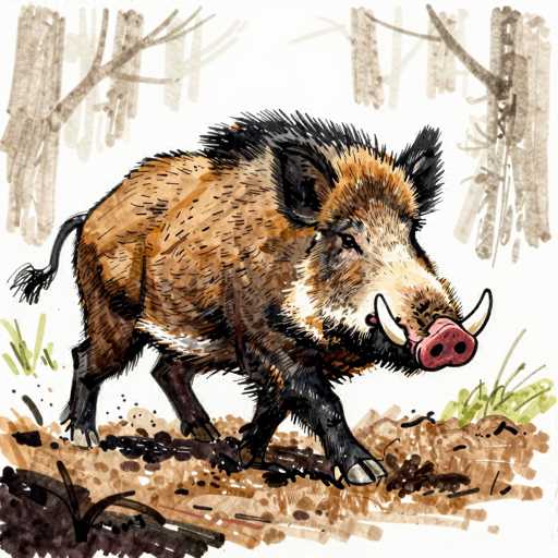 This detailed illustration depicts a wild boar, rendered in a style reminiscent of watercolor or ink. The boar is predominantly brown, with a striking black mane running along the top of its head and neck. Its ears are also black, contrasting with the white fur around its snout. The boar's tusks are white, and its snout is a vivid pink. Its legs are black, and it has a black tail. The boar is shown walking on a patch of brown dirt, with a few green plants sprouting around it. The background features a white sky and several brown tree trunks, adding depth to the scene. The overall composition is simple yet detailed, capturing the essence of the wild boar in its natural habitat.