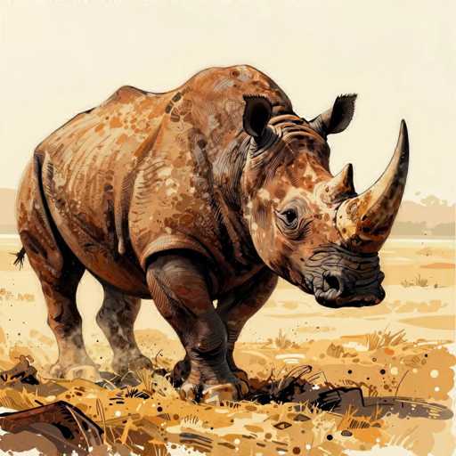 This detailed illustration depicts a rhinoceros standing in a dry, grassy field. The rhino, primarily brown with various shades of gray and white, has a distinctive horn on its nose and two smaller horns on its forehead. Its ears are perked up, and its eyes are open, giving it an alert appearance. The rhino's body is covered in a pattern of brown and white spots, with its legs appearing darker, almost black. The ground beneath the rhino is a mix of brown and yellow grass, with some areas appearing dry and others slightly green. The background features a light gray sky and distant mountains, adding depth to the scene. The overall style of the illustration is somewhat cartoonish, with a focus on the rhino's detailed and textured appearance.