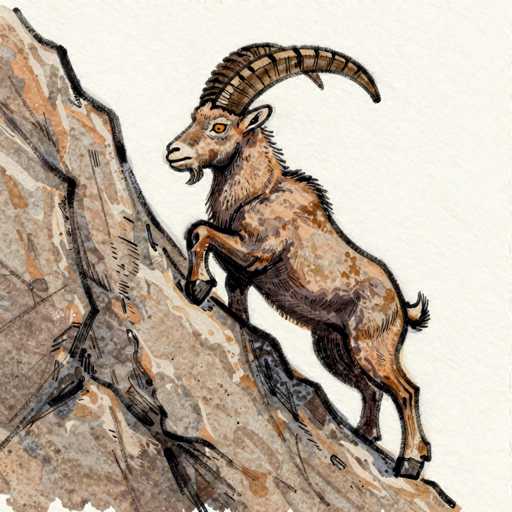 This detailed illustration depicts a mountain goat, possibly a chamois, skillfully climbing a steep, rocky incline. The animal is rendered in a mix of light and dark brown hues, with its fur texture meticulously illustrated. Its distinctive features include a small beard, a tuft of hair at the back of its neck, and a short tail. The goat's large, curved horns, which are brown with black stripes, extend from the top of its head and curve back towards its body. The goat's eyes are a striking orange, adding a vivid touch to its realistic portrayal. The rocky surface it navigates is depicted in shades of brown, gray, and black, with the goat's hooves appearing black. The background is a plain white, emphasizing the goat's detailed and lifelike appearance as it looks to the left, seemingly focused on its ascent.