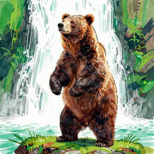 A watercolor painting of a brown bear standing in front of a waterfall. The bear is facing to the left, with its head tilted upwards as if looking at the water cascading down. The bear's fur is a mix of brown and black, with dark spots visible on its body. The waterfall is depicted as a white cascade of water, with splashes and droplets adding to the dynamic effect. The background is filled with lush green foliage, suggesting a forest setting. The overall style of the painting is loose and expressive, with visible brushstrokes that give it a textured feel. The color palette is predominantly warm, with shades of brown and green dominating the scene.