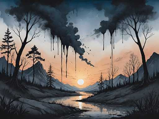A dark, atmospheric landscape with a river flowing through a valley. The sky is filled with dramatic clouds and a setting sun, casting an orange glow on the horizon while dark, ominous smoke hangs in the sky. Bare trees line the banks of the river, and mountains rise in the distance. The overall mood is somber and mysterious, with a sense of impending darkness or perhaps a post-apocalyptic feel.