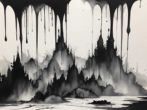 The image is an abstract painting featuring a landscape with black and white hues. The artist has used a dripping technique to create the effect of water falling from the sky onto the mountains below. The mountains appear as dark silhouettes against the lighter background, creating a sense of depth and dimension in the artwork.