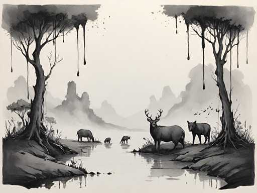 This black and white illustration, possibly a watercolor, depicts a serene nature scene centered around a river. The river flows from the bottom of the image, curving gently to the left before veering back to the right. On either side of the river, there are small hills with trees that have dark trunks and branches, from which black liquid drips down. The trees' foliage is rendered in shades of gray, adding to the monochromatic palette.

In the foreground, on the right side of the river, stands a large deer with impressive antlers, accompanied by a wolf. Further back, on the same side, there are two smaller deer. On the left side of the river, a larger deer and a baby deer can be seen, with another wolf positioned behind them. The background features a range of mountains, rendered in gray, with a light gray sky above, completing the tranquil and detailed landscape.