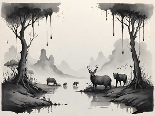 The image depicts a serene scene of nature with six deer and two elk standing on the bank of a river surrounded by trees. The deer have antlers and are positioned closer to the viewer, while the elk stand further back in the background. The river is filled with water, reflecting the surrounding trees and creating a sense of tranquility.