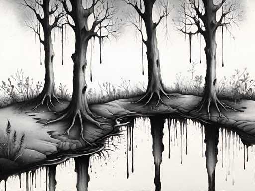 This black and white illustration, possibly a painting or digital artwork, depicts a hauntingly surreal landscape. At the center of the image, four leafless trees with gnarled, twisted trunks stand on a small island surrounded by a still, reflective body of water. The trees' branches are stark and bare, with some appearing to drip like black paint or sap, adding to the eerie atmosphere. The island is sparsely vegetated, with patches of grass and weeds growing around the bases of the trees. The water beneath the trees is dark and mirror-like, capturing the distorted reflections of the trees and their drips. The sky above is a light gray, enhancing the overall somber and mysterious mood of the scene.