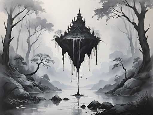 The image depicts an island floating in a river surrounded by trees and rocks. The island is covered in black paint, giving it the appearance of a floating castle or palace. The sky above the island is gray, suggesting a cloudy day. The painting style is realistic with attention to detail, capturing the natural elements of the scene.