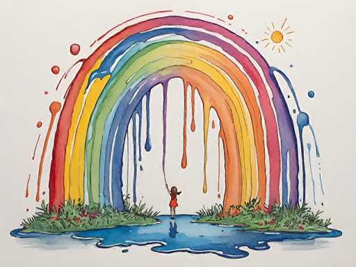 This vibrant watercolor painting depicts a whimsical scene of a little girl standing in a puddle, holding onto the end of a giant, colorful rainbow that arches above her. The rainbow, which begins at the top right corner of the image, features a spectrum of colors: red, orange, yellow, green, blue, and purple, with some hues blending into each other. The girl, dressed in a red dress with long brown hair, stands with her arms raised, seemingly pulling the rainbow towards her. The puddle beneath her reflects the vivid colors of the rainbow, creating a mirror-like effect. Surrounding the puddle are patches of green grass and small red flowers, adding to the lively and cheerful atmosphere. In the top right corner, a bright yellow sun with radiating lines shines down, casting a warm glow over the scene. The entire composition is set against a light gray background, enhancing the vivid colors and playful nature of the painting.