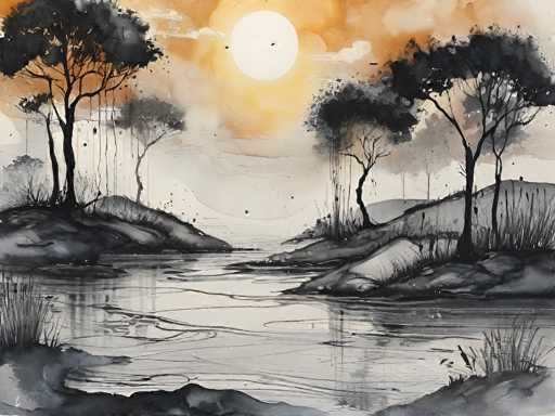 This image is a detailed watercolor painting of a serene landscape. The scene features a calm body of water, possibly a lake or river, with gentle ripples reflecting the sky above. The water is predominantly gray with subtle hints of blue. In the foreground, there are small islands and hills dotted with tall, slender trees that have sparse branches and dark green leaves. Some of these trees appear to be shedding their leaves, which are depicted as floating down into the water. The sky is a striking contrast, with a bright white sun at its center, surrounded by a gradient of orange and yellow hues that transition to white towards the horizon. The overall color palette of the painting is muted, with the exception of the vibrant sky, creating a tranquil and somewhat melancholic atmosphere.
