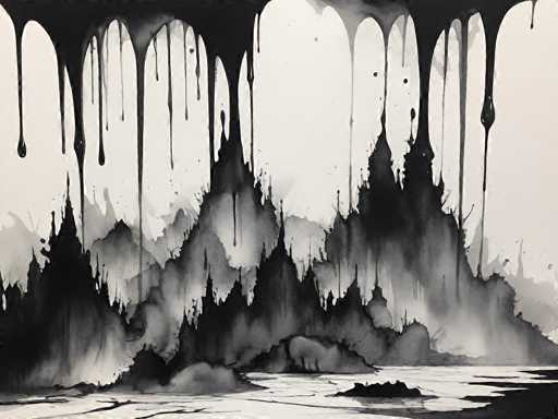 The image is a detailed black and white painting, likely created with watercolor or ink. It depicts a surreal landscape with jagged, mountainous rock formations that rise dramatically from a flat, white surface. The rocks are primarily black with gray highlights, creating a stark contrast against the white background. Above the rocks, the sky is filled with large, oval-shaped clouds that appear to be dripping black ink, resembling icicles or stalactites. These drips vary in length, with some extending down to the rocks and others cut off by the edges of the image. The overall effect is a striking, monochromatic composition that blends natural and abstract elements.