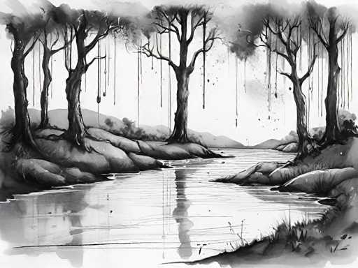 A black and white ink drawing of a serene, slightly melancholic landscape. The scene depicts a tranquil river flowing through a valley lined with bare trees. The trees are rendered in a loose, expressive style, their trunks and branches detailed with varying shades of gray to suggest texture. The water's surface is rippled, reflecting the trees and sky in a distorted, fluid manner. The overall tone of the drawing is atmospheric, with soft washes and splatters adding to the sense of depth and mystery. The composition focuses on the interplay of light and shadow, creating a calm yet slightly ethereal mood.