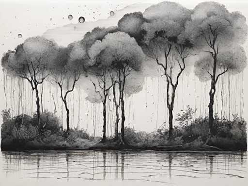 A black and white ink wash painting of a serene landscape featuring several trees with drooping branches, reflected in calm water. The style is reminiscent of traditional Asian ink wash painting techniques, with soft, flowing lines and a focus on atmospheric perspective. The overall mood is tranquil and contemplative.