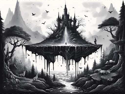 This black and white illustration depicts a surreal, fantastical landscape. At the center of the image is a floating island, dripping with what appears to be black tar or goopy substance. The island features a castle with three spires, from which a beam of light emanates. Surrounding the castle are barren trees, devoid of leaves, adding to the eerie atmosphere. 

In the foreground, a river flows from the bottom of the image towards the floating island. On the left bank of the river, a deer stands on a rocky outcrop, while on the right bank, three cows graze. The background is filled with jagged, craggy mountains and additional barren trees, creating a stark and desolate environment. 

Birds are scattered throughout the sky, adding a touch of life to the otherwise bleak scene. The entire composition is rendered in shades of black, white, and gray, enhancing its otherworldly and dreamlike quality.