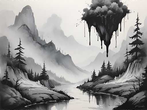 A serene, monochromatic landscape painting in a painterly style. The scene depicts a valley nestled between towering, misty mountains. A calm river meanders through the valley floor, reflecting the soft light and surrounding landscape. The mountains are rendered with a sense of depth and atmospheric perspective, fading into the distance with hazy layers. 

A unique element in this scene is a large, dark rock formation suspended in mid-air above the valley. It appears to be partially covered in a cloud-like substance, with dripping water cascading down its sides. This suspended rock adds an element of fantasy and mystery to the otherwise tranquil landscape. 

The overall color palette is limited to shades of gray, creating a calm and ethereal atmosphere. The painting utilizes soft brushstrokes and subtle tonal variations to convey the texture of the rocks, water, and foliage. The composition is balanced, drawing the viewer's eye through the valley towards the distant mountains and the suspended rock.