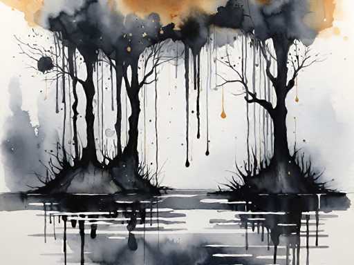 A black and white watercolor painting of two bare trees with dripping branches, reflected in a still body of water. The style is abstract and evocative, focusing on the interplay of light and shadow in a muted color palette.