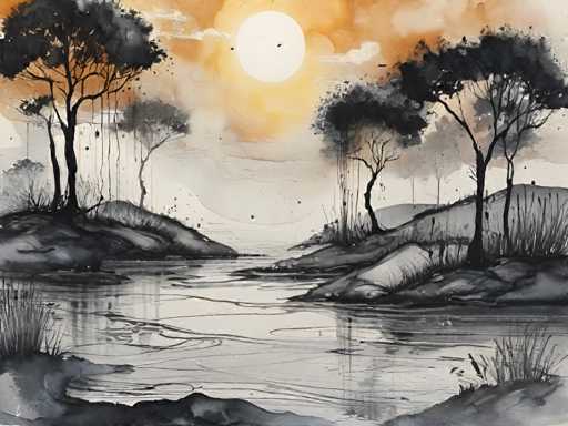 The image depicts a serene landscape featuring two trees with dark silhouettes against an orange sky and calm water reflecting the colors of the sunset. The painting is executed in black and white, adding depth and contrast to the scene.