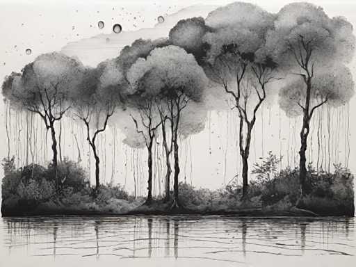 The image is a black and white line drawing depicting six trees with thin trunks and branches reaching upwards against the sky. The trees are positioned on either side of a body of water, creating a sense of balance in the composition. The artist's style is characterized by loose brushstrokes that add texture to the scene, giving it a more organic feel.