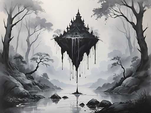 This black and white illustration depicts a surreal floating island castle suspended above a tranquil river. The island, shaped like an inverted pyramid with a diamond-like top, features a grand, ornate structure reminiscent of a Japanese pagoda or a Chinese temple. The castle's intricate design includes multiple spires, towers, and turrets, with a prominent central spire that culminates in a sharp point. The base of the island appears to be dripping, as if melting or disintegrating, with streams of liquid cascading down. The castle's reflection shimmers in the calm water below, which is dotted with rocks and bordered by rocky, tree-lined shores. The surrounding landscape is misty and ethereal, with foggy hills and trees adding to the dreamlike atmosphere. The entire scene is rendered in shades of gray, enhancing its mystical and otherworldly quality.