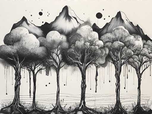 A black and white ink drawing of several trees with dripping foliage, set against a backdrop of mountains. The style is reminiscent of a hand-drawn illustration with visible ink strokes and drips, creating a slightly abstract yet evocative scene. The trees are tall and slender with thick, textured trunks and foliage that appears to be cascading downwards. The mountains in the background are dark and jagged, with a few small, circular elements suggesting distant celestial bodies. The overall color palette is monochromatic, emphasizing the contrast between light and shadow within the trees and mountains.
