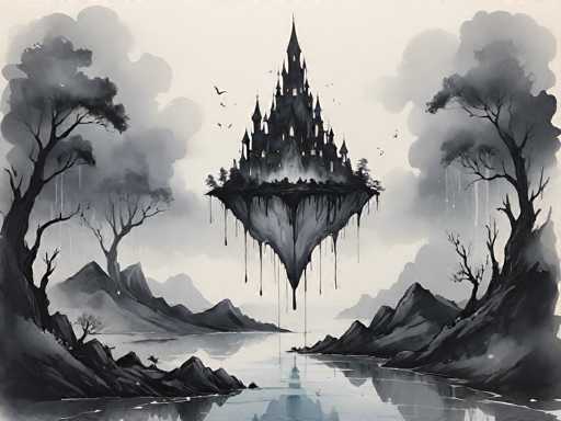 This black and white illustration, possibly a watercolor painting, depicts a fantastical floating castle suspended above a serene lake. The castle, with its dark gray and black spires and illuminated windows, features a prominent central tower flanked by smaller towers and turrets. The structure appears to be dripping, with tendrils of blackness hanging down, adding to its eerie atmosphere. Surrounding the castle, the sky is filled with wispy clouds and birds in flight. Below, the lake mirrors the castle and the surrounding landscape, which includes rocky hills and mountains on either side. The shoreline is lined with tall, gnarled trees, some with leaves and others bare, with branches that seem to reach out over the water. The entire scene is rendered in shades of gray, black, and white, creating a mystical and otherworldly ambiance.