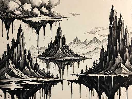 The image depicts a surrealistic landscape featuring floating islands and mountains with black and white hues. The islands appear to be made of water or liquid, while the mountains are solid structures. The sky above is filled with clouds, adding to the dreamlike atmosphere. The artist's style can be described as impressionistic, characterized by loose brushstrokes and an emphasis on capturing the overall mood rather than minute details.

The image does not contain any discernible text or countable objects, making it a purely visual representation of the scene.