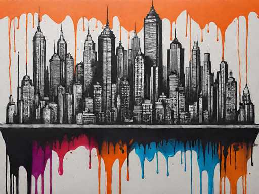 A black and white cityscape illustration with vibrant, dripping paint accents. The city skyline is rendered in a detailed, almost sketch-like style, with numerous skyscrapers of varying heights and architectural styles. The buildings are predominantly in grayscale, creating a stark contrast with the colorful paint drips that cascade down from the bottom of the image. The paint drips are a mix of bright orange, purple, and blue, adding a dynamic and abstract element to the otherwise realistic cityscape. The overall style is modern and artistic, with a focus on texture and visual interest.