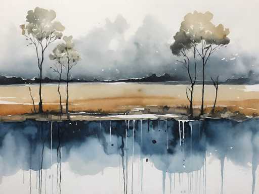 This watercolor painting depicts a serene landscape with a variety of natural elements. In the foreground, there is a small island featuring six trees—three on each side—each with thin, dark trunks and light green, almost white leaves. The island is surrounded by water, which transitions from a dark blue at the bottom to a lighter blue and then to a white hue. The water reflects the island and trees, creating a mirror-like effect. The island's soil is a mix of brown and tan, with some areas appearing sandy. In the background, a mountain range is visible, rendered in shades of gray and black, with a misty, foggy atmosphere that adds depth to the scene. The sky above is a light gray, enhancing the overall tranquil and somewhat mysterious mood of the painting.