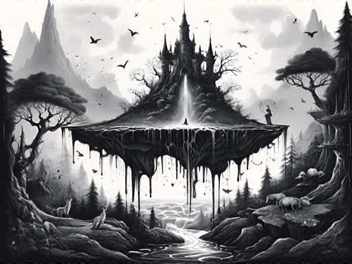 The image is a black and white illustration depicting a castle floating on an island surrounded by trees and other natural elements. The castle has a tall tower with a spire at the top, and there are birds flying around it. A river flows through the scene, adding to the overall sense of tranquility and harmony within the landscape.