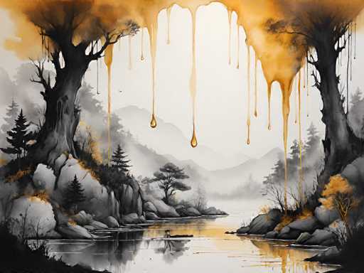 This surreal painting depicts a serene yet eerie landscape dominated by two large, gnarled trees on either side of a calm river. The trees, with their dark gray trunks and sparse branches, are adorned with vibrant orange leaves that appear to be melting and dripping like paint. The orange hue cascades down, blending into the river below, which reflects the trees and the sky above. The sky itself is a stark white, contrasting with the distant, misty mountains that form the backdrop. The overall scene is rendered in a monochromatic palette of grays and blacks, with the exception of the striking orange paint that drips from the trees, creating a surreal and haunting atmosphere.