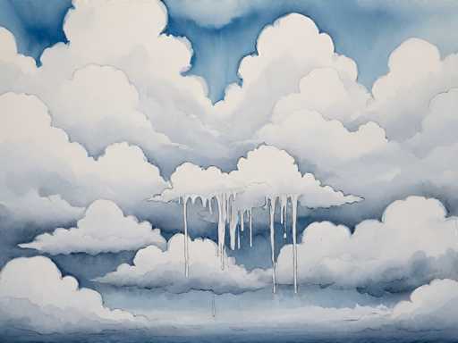 This image is a detailed watercolor painting of a sky filled with clouds. The sky is predominantly blue, with darker shades in the corners and lighter hues towards the center. The clouds are large, fluffy, and predominantly white, with some grayish tones. They are arranged in a way that they cover the entire sky, creating a sense of depth and layering. 

In the middle of the painting, there is a unique cloud formation that stands out from the rest. This central cloud appears to be dripping, with long, white streaks resembling icicles or water droplets cascading down. These drips add a dynamic element to the otherwise static scene, giving the impression of melting or dissolving. The overall effect is both serene and slightly surreal, capturing the ethereal nature of clouds in a dreamlike manner.