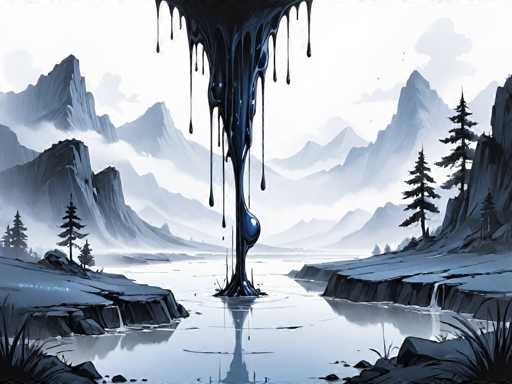 The image is a detailed, computer-generated illustration of a serene mountain landscape. Dominating the background are tall, jagged mountains shrouded in clouds, creating a mystical atmosphere. In the foreground, a tranquil lake reflects the surrounding scenery, with its calm waters mirroring the towering peaks. The shoreline is dotted with pine trees, adding a touch of natural beauty to the scene. However, the tranquility is disrupted by an ominous presence: a large, black, tar-like substance drips from the top of the image, cascading down and forming a massive bubble that rests on the lake's surface. This dark liquid contrasts sharply with the otherwise peaceful setting, adding an element of surrealism and foreboding to the artwork.