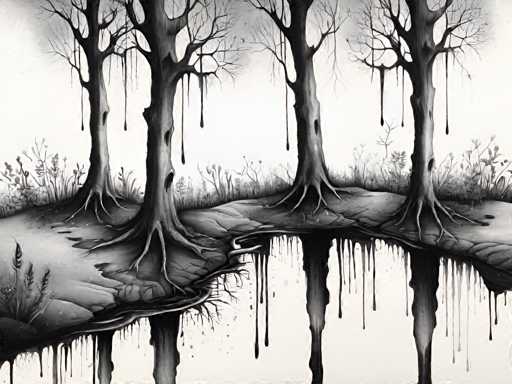 The image depicts three trees with bare branches and no leaves, standing on a riverbank covered in black paint. The trees are positioned at different angles, creating an interesting composition that draws the viewer's attention to their unique shapes and textures.