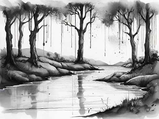 The image is a black and white watercolor painting depicting a serene landscape with trees on the left side of the frame and a river flowing through the center. The artist has used loose brushstrokes to create a sense of movement in the scene, adding depth and texture to the composition.