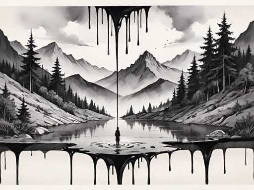 This black and white illustration depicts a surreal and haunting scene. At the center of the image, a small lake is surrounded by towering mountains and dense forests. A figure stands in the middle of the lake, seemingly suspended by a rope tied around their neck, with the rope extending upwards to the top of the image. The water beneath the figure is disturbed, creating ripples that spread outward. Above the figure, a thick black liquid drips down from the top of the image, while at the bottom, the liquid spreads out and drips to the sides, creating a stark contrast against the monochromatic background. The overall composition evokes a sense of isolation and foreboding, with the natural beauty of the landscape juxtaposed against the unsettling presence of the hanging figure.