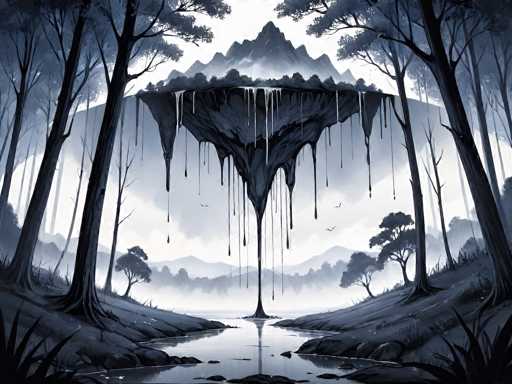 This black and white digital illustration depicts a surreal, fantastical landscape. At the center of the image is a large, inverted cone or mountain, resembling an upside-down ice cream cone, with its pointed tip touching the ground. The cone is adorned with icicles and dripping water, giving it a melting appearance. Surrounding this central feature is a small body of water, possibly a pond or lake, with a few birds flying above it. The scene is framed by tall, slender trees on both the left and right sides, their branches extending upwards. In the background, a range of mountains is visible, with a prominent peak in the middle. The sky above is a stark white, contrasting with the dark, detailed landscape below. The entire composition is rendered in shades of black, white, and gray, emphasizing the eerie and otherworldly atmosphere of the scene.